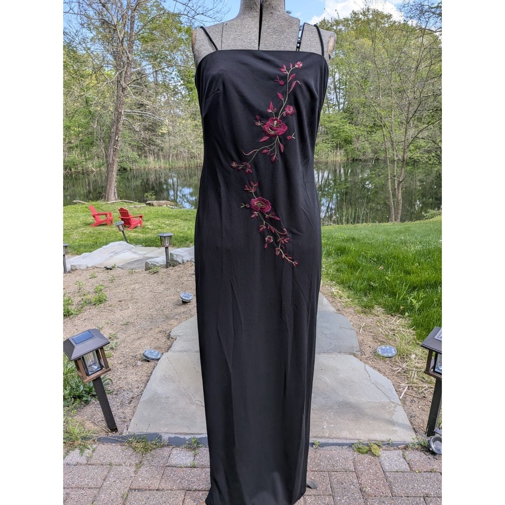 Vge 90's Black Burgundy Floral Maxi  slip Dress Y2K Whimsigoth DK forest Fairy 8